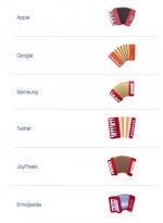 Screenshot showing different versions of the Accordion Emoji on Apple, Google, Amsung, Twitter, etc. All red piano accordions with bellows splayed. From Emojipedia.org